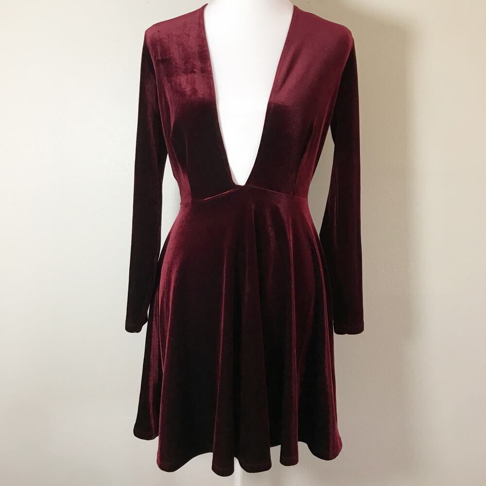 American Apparel Velvet Deep V Skater Dress Burgundy Long Sleeve M